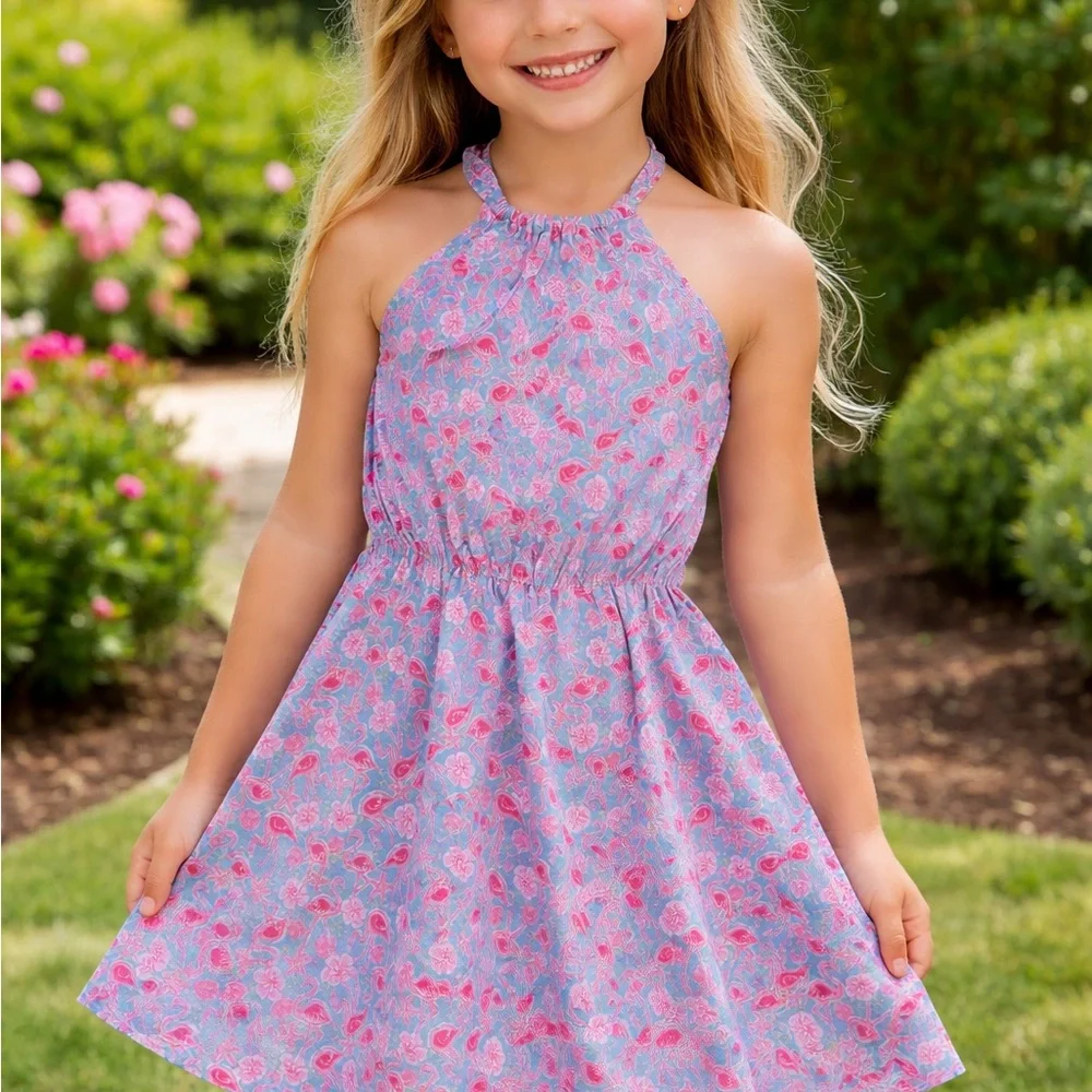American Girl Floral Halter Dress Flamingos pattern Pink and Blue - Picture 1 of 9